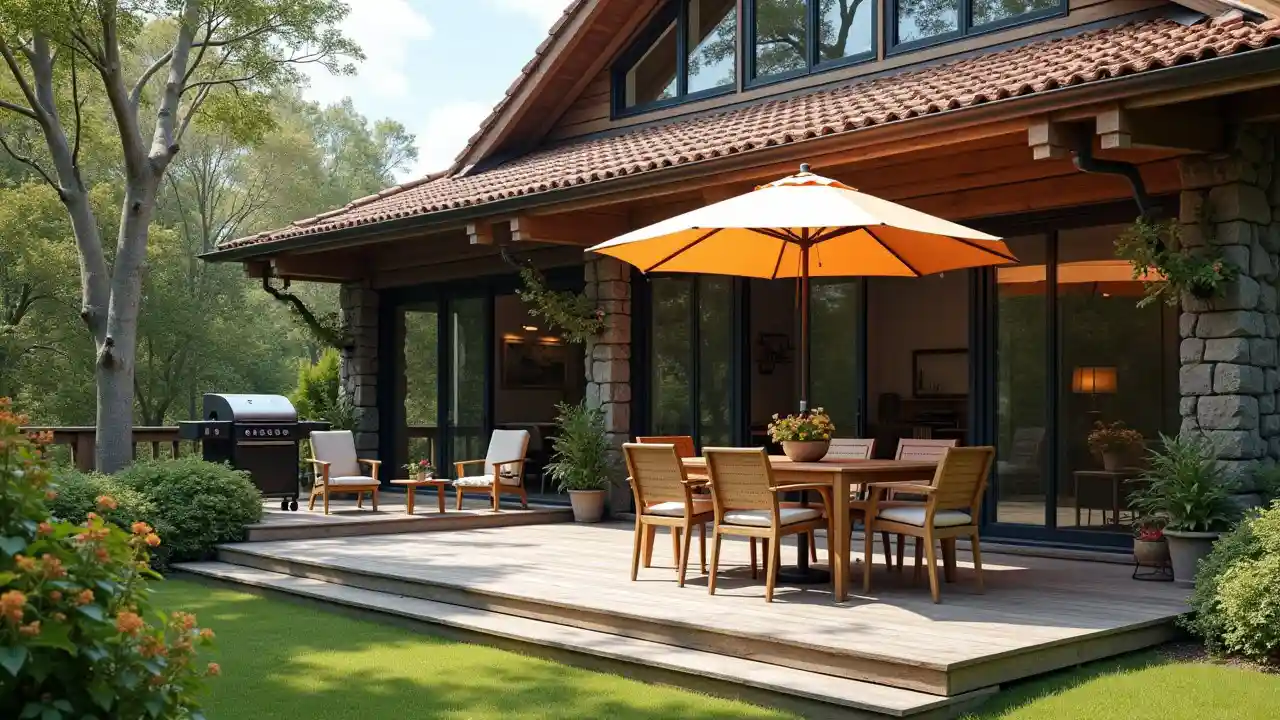 House and terrace and on it are umbrella